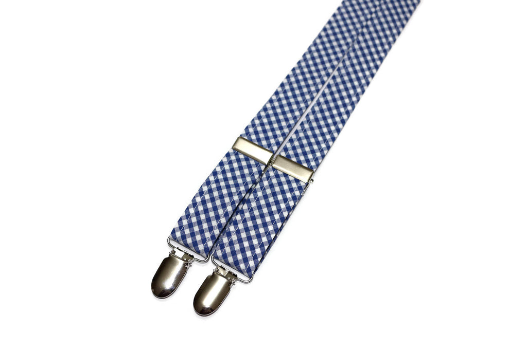Nautical Blue Gingham Check Suspenders - Boys with silver nickel hardware and adjustable straps for kids' formal wear.