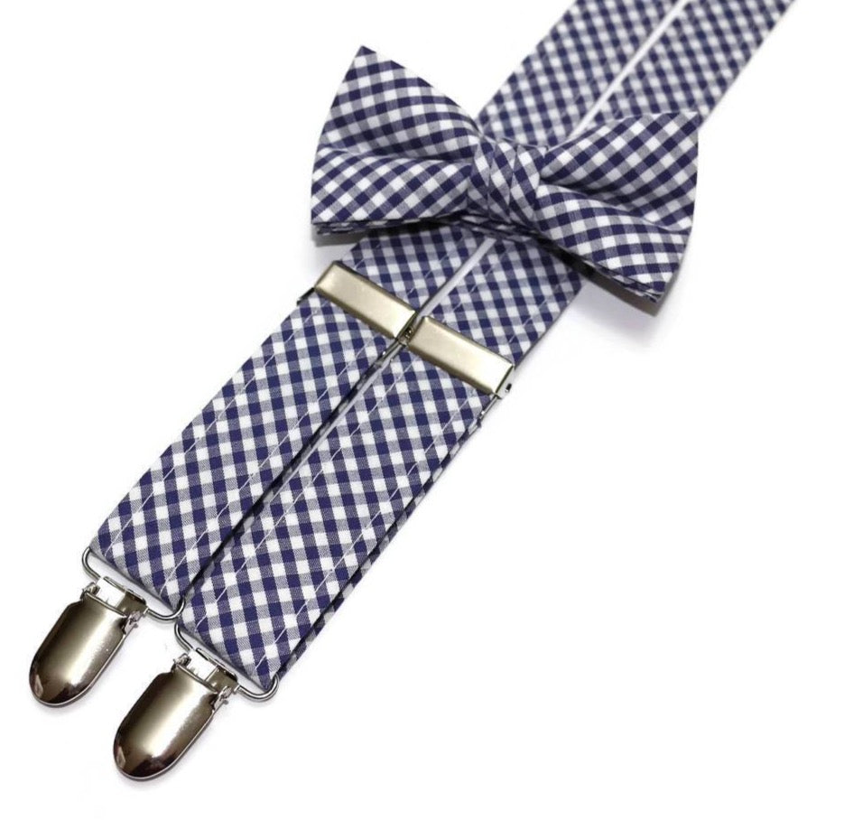 Navy Blue Gingham Check Suspenders - Boys