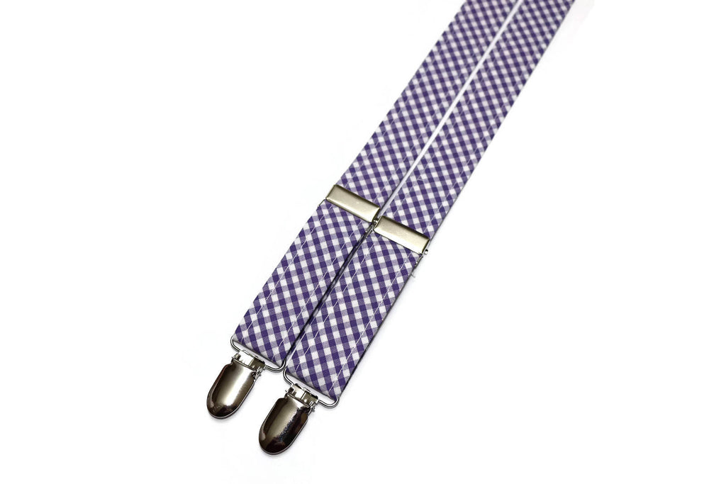 Purple Gingham Check Suspenders - Boys, handcrafted children’s suspenders for formal wear, adjustable linen fabric with silver hardware.
