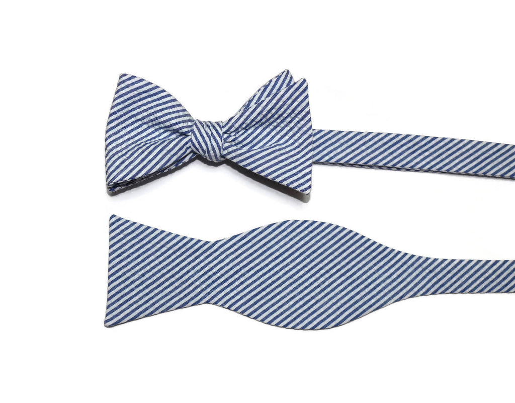 Royal Blue Seersucker Cummerbund & Bow Tie paired with handcrafted neckties and handmade bow ties for men's formal wear.