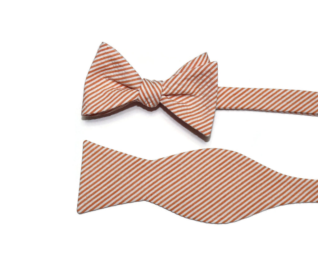 Orange Seersucker Cummerbund & Bow Tie set, handmade men’s accessories USA, perfect for weddings or formal events.