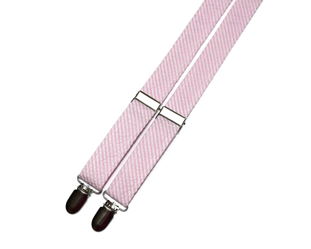Pink Seersucker Suspenders - Boys for formal wear, adjustable with silver hardware, perfect for boys' weddings and occasions.