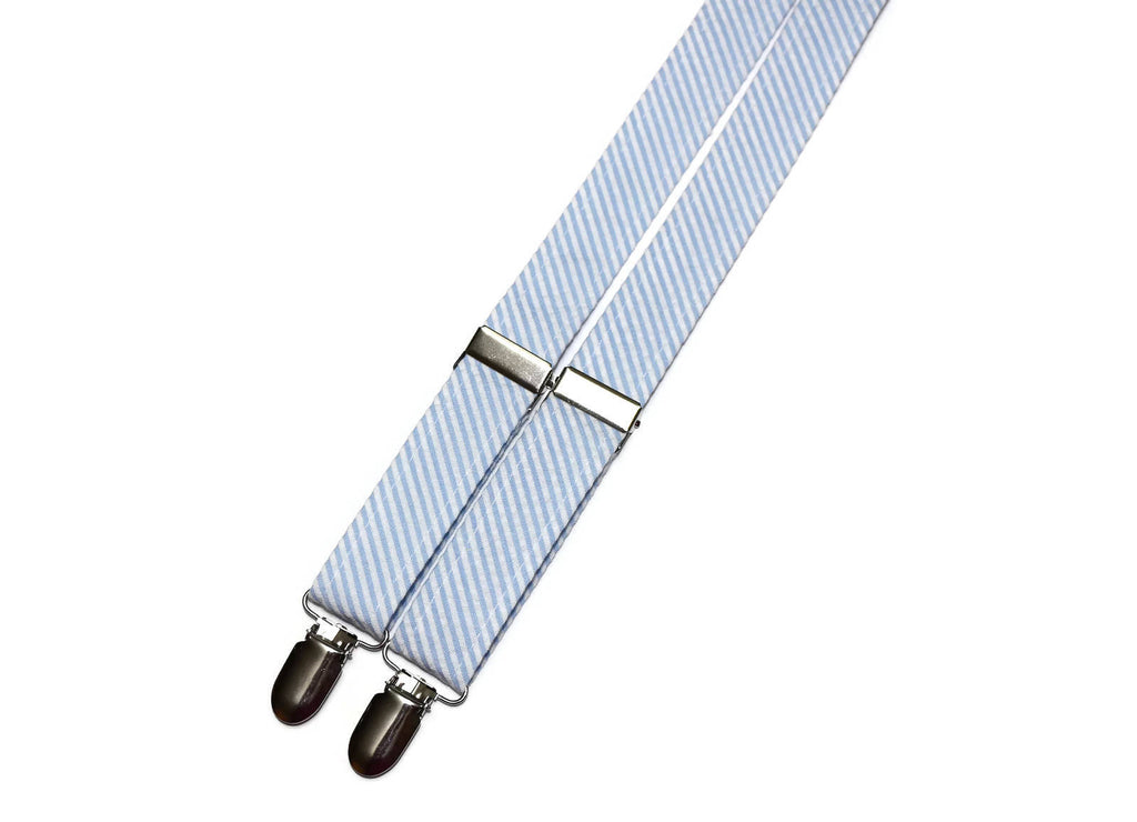Light Blue Seersucker Suspenders - Boys stylish adjustable design made with linen/cotton fabric and silver nickel hardware.
