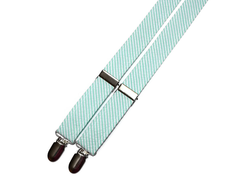 Mint Green Seersucker Suspenders - Boys with silver nickel clips, perfect for formal wear and weddings.
