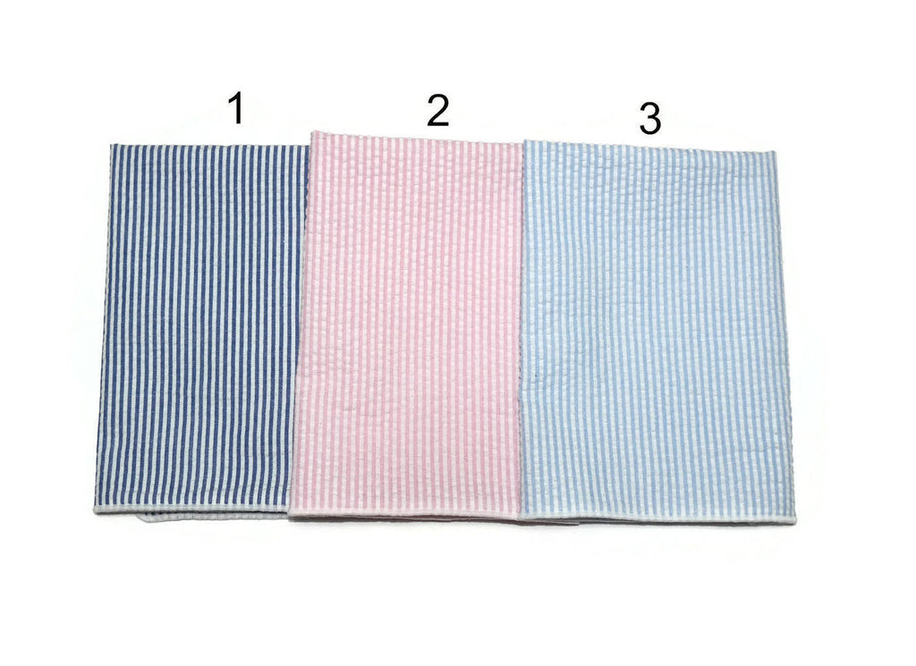 Seersucker Pocket Square (Boys) in navy, pink, and sky blue stripes, handmade cotton pocket squares for boys' formal wear.
