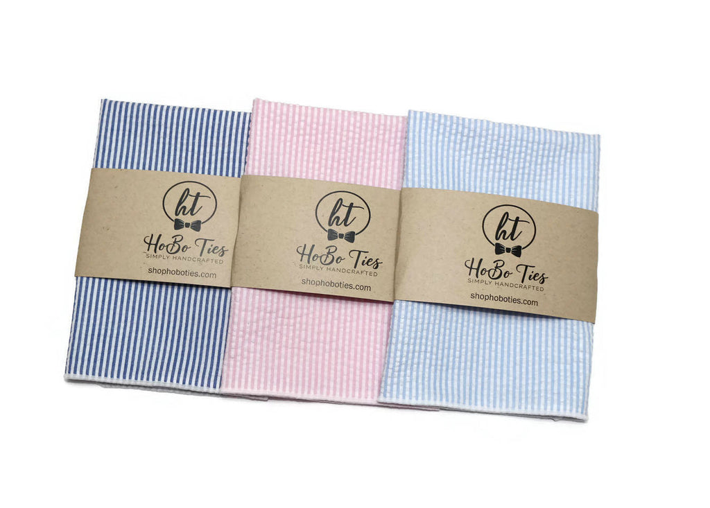 Seersucker Pocket Square (Mens) in assorted colors with packaging, part of unique handcrafted men’s accessories collection.