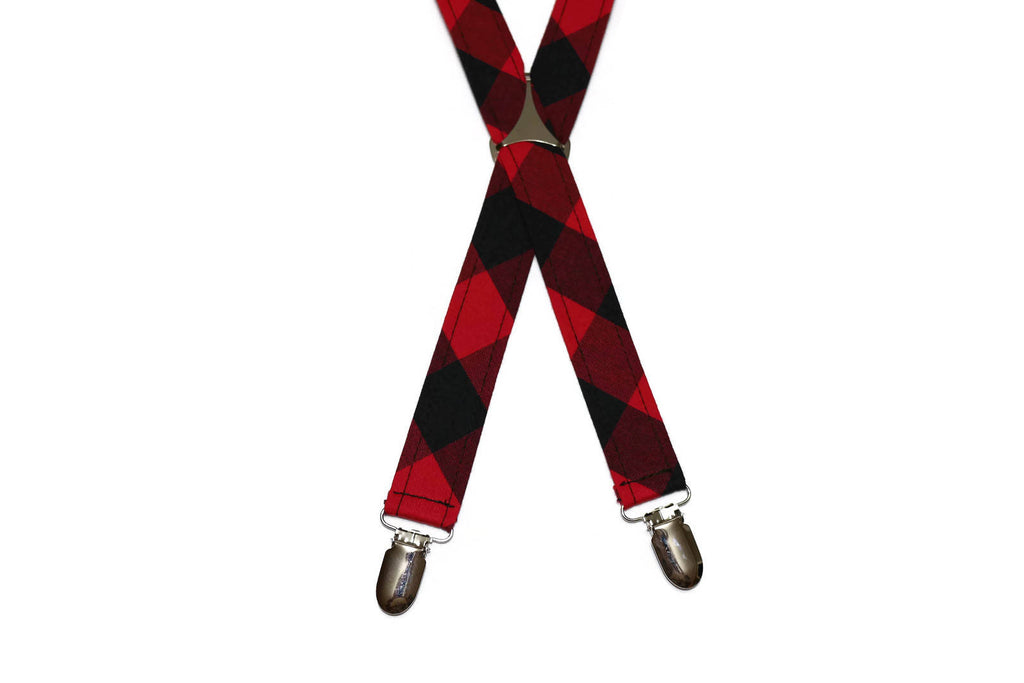 Red & Black Buffalo Plaid Suspenders - Boys with silver hardware for kids, perfect for formal wear and wedding accessories.