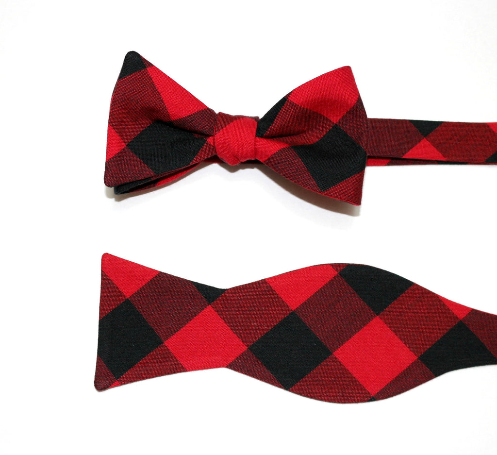 Red & Black Buffalo Plaid Bow Tie, handcrafted neckties, men's bow ties, unique bow tie patterns.