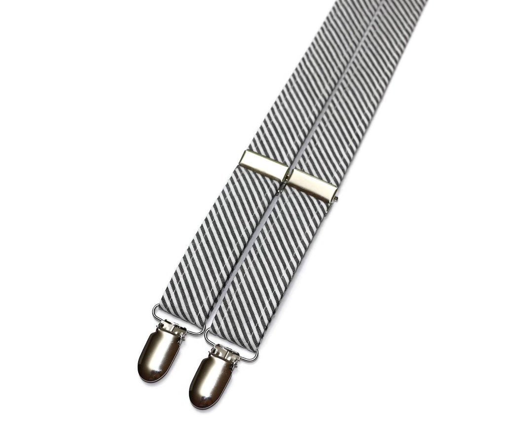 Black Seersucker Suspenders - Boys, adjustable linen cotton suspenders for kids with silver nickel hardware.