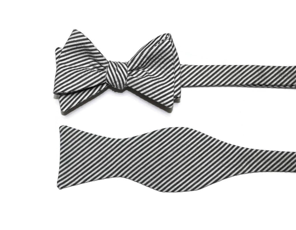 Black Seersucker Cummerbund & Bow Tie in black and white striped design, perfect for formal wear.