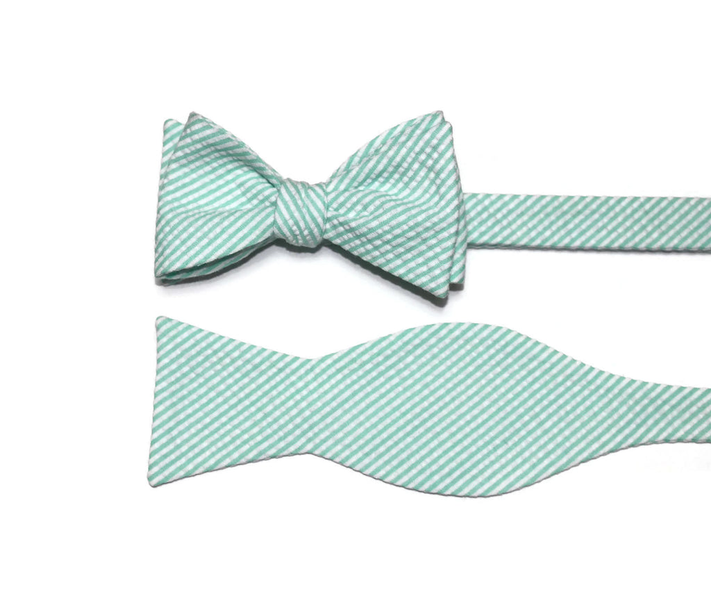 Mint Green Seersucker Cummerbund & Bow Tie, handcrafted neckties and handmade bow ties for formal occasions.