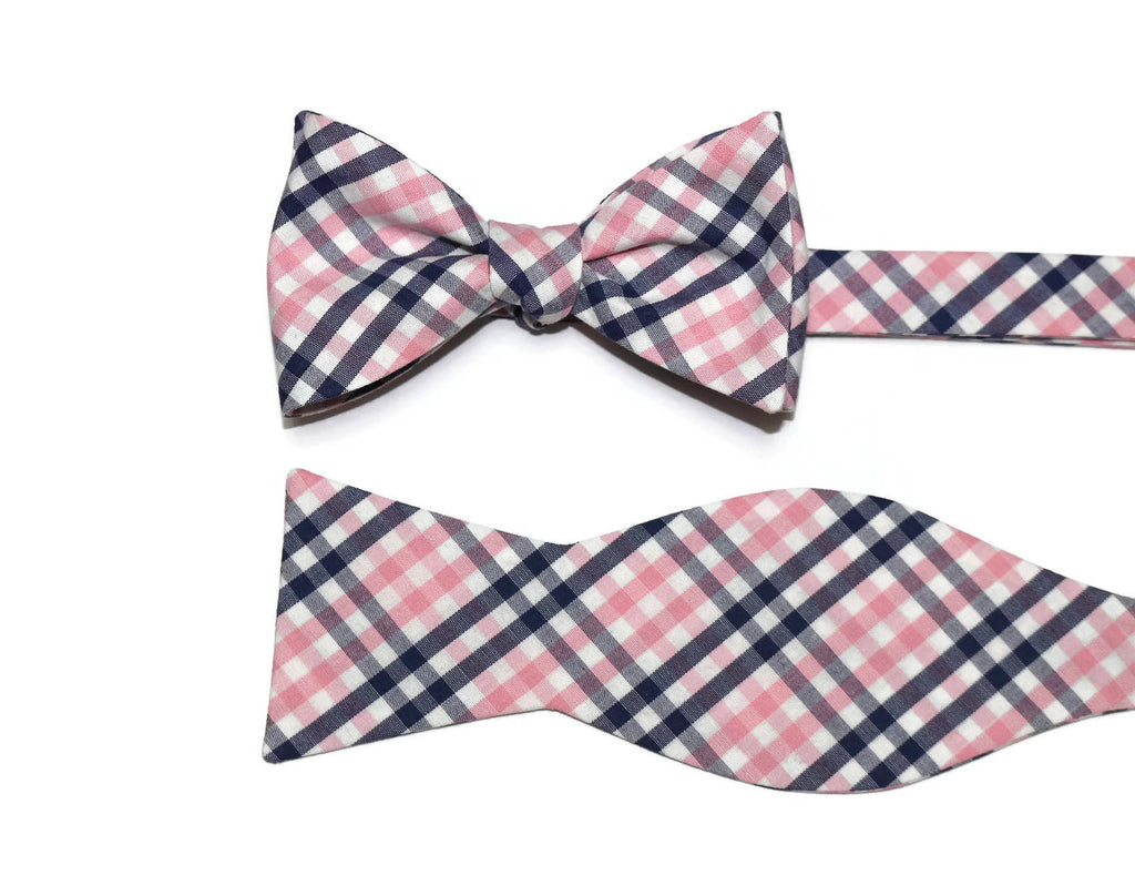 Pink & Navy Tattersall Bow Tie handcrafted neckties for men, boys bow ties, unique bow tie patterns.