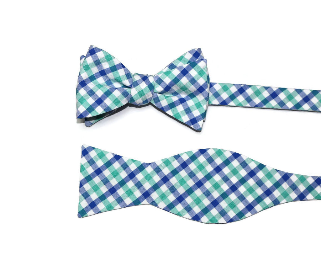 Green & Blue Seersucker Plaid Bow Tie showcasing handcrafted neckties, perfect for men and boys' formal wear.