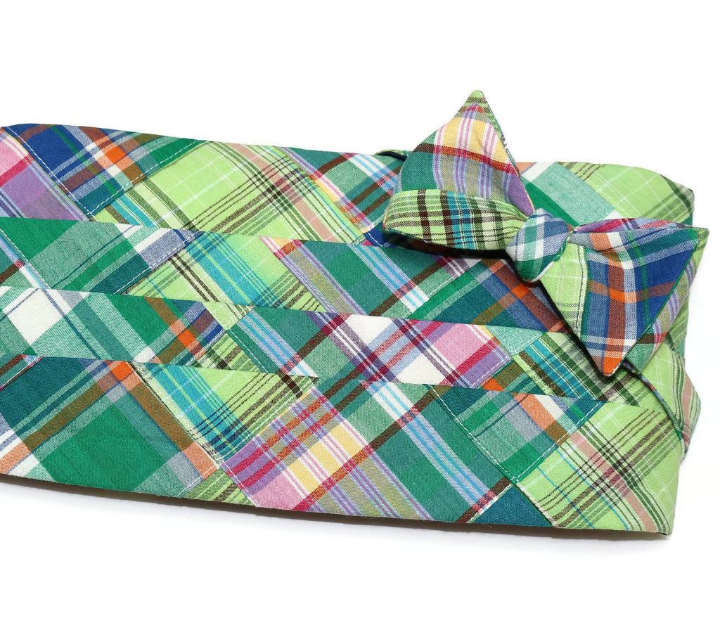 Green Madras Patchwork Plaid Cummerbund & Bow Tie handcrafted with vibrant plaid patterns, perfect for wedding accessories for men.