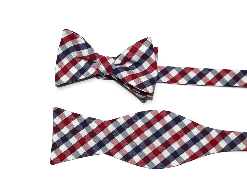 Navy & Red Plaid Check Bow Tie for men, handcrafted neckties and handmade bow ties for stylish occasions.