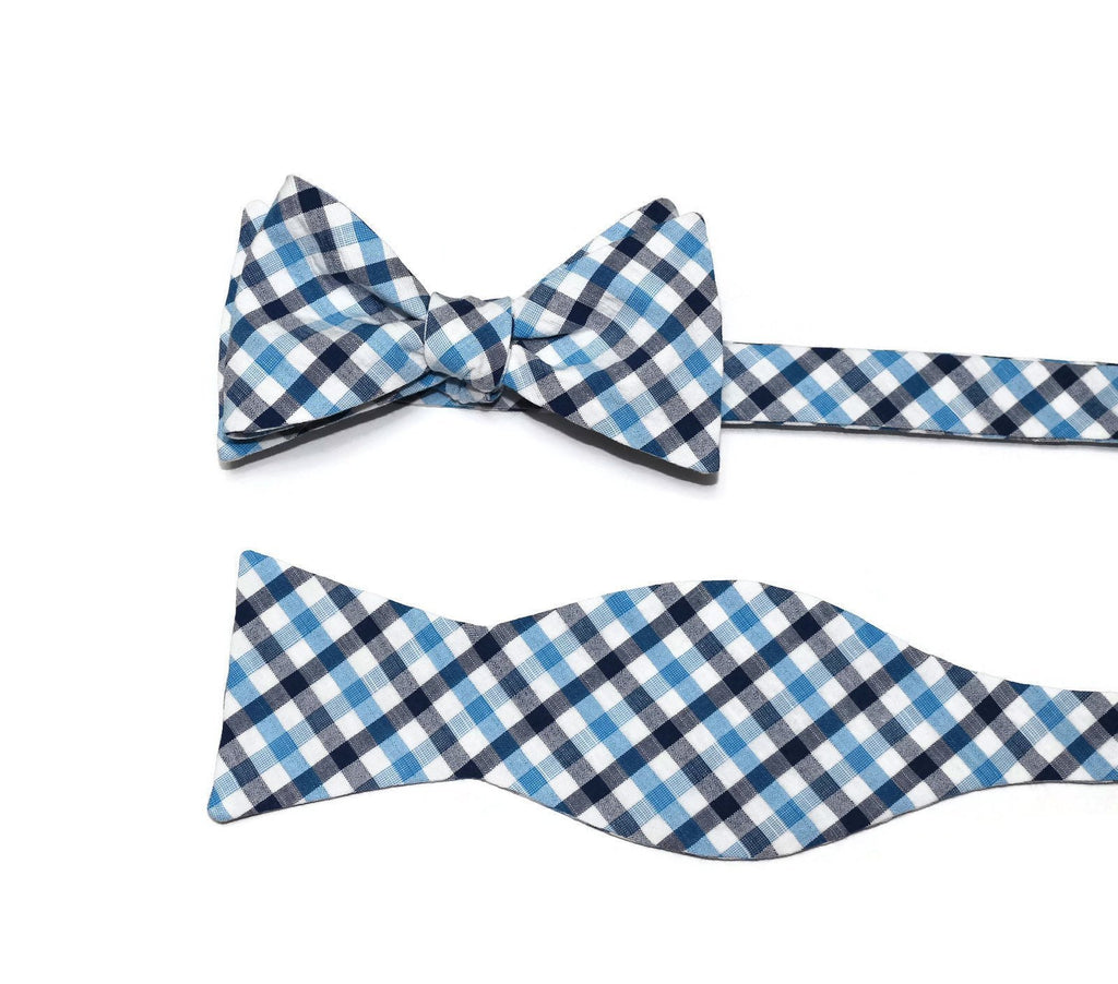 Navy & Blue Seersucker Plaid Bow Tie, handcrafted neckties, unique bow tie patterns, men's bow ties, wedding accessories for men.