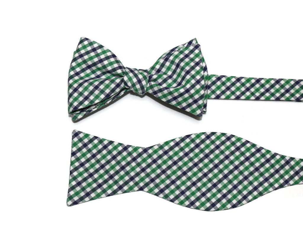 Kelly Green & Navy Tattersall Bow Tie, handcrafted neckties, handmade bow ties for men, custom men’s neckwear.