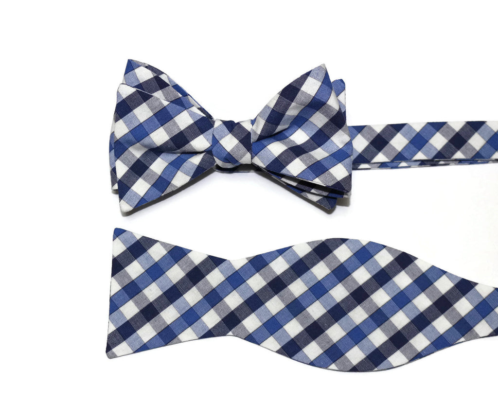 Navy & Blue Plaid Check Bow Tie, a handcrafted necktie perfect for formal wear or weddings, featuring unique plaid patterns.