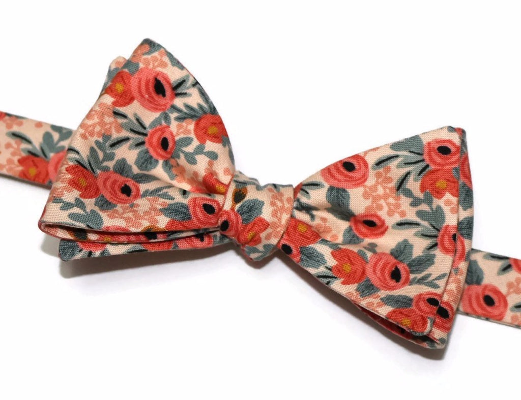 Peach Rosa Floral Bow Tie, handcrafted neckties, handmade bow ties, floral neckties, men's accessories.