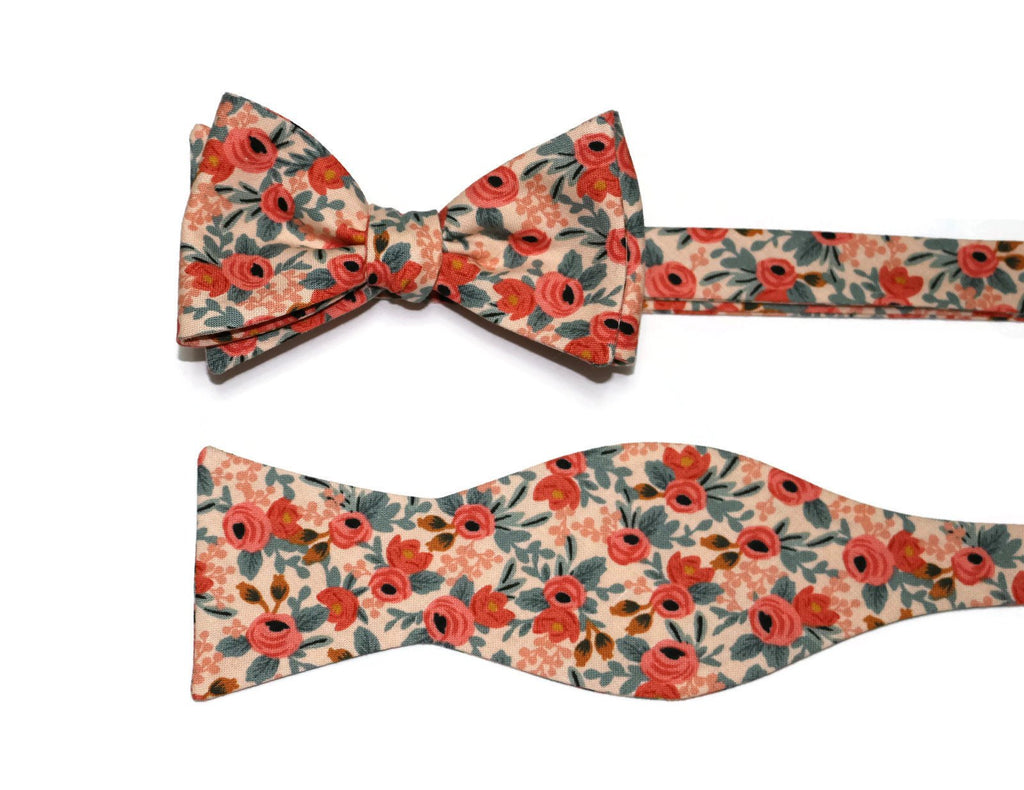 Peach Rosa Floral Bow Tie showcasing vibrant floral patterns, perfect as a handmade accessory for weddings or formal events.