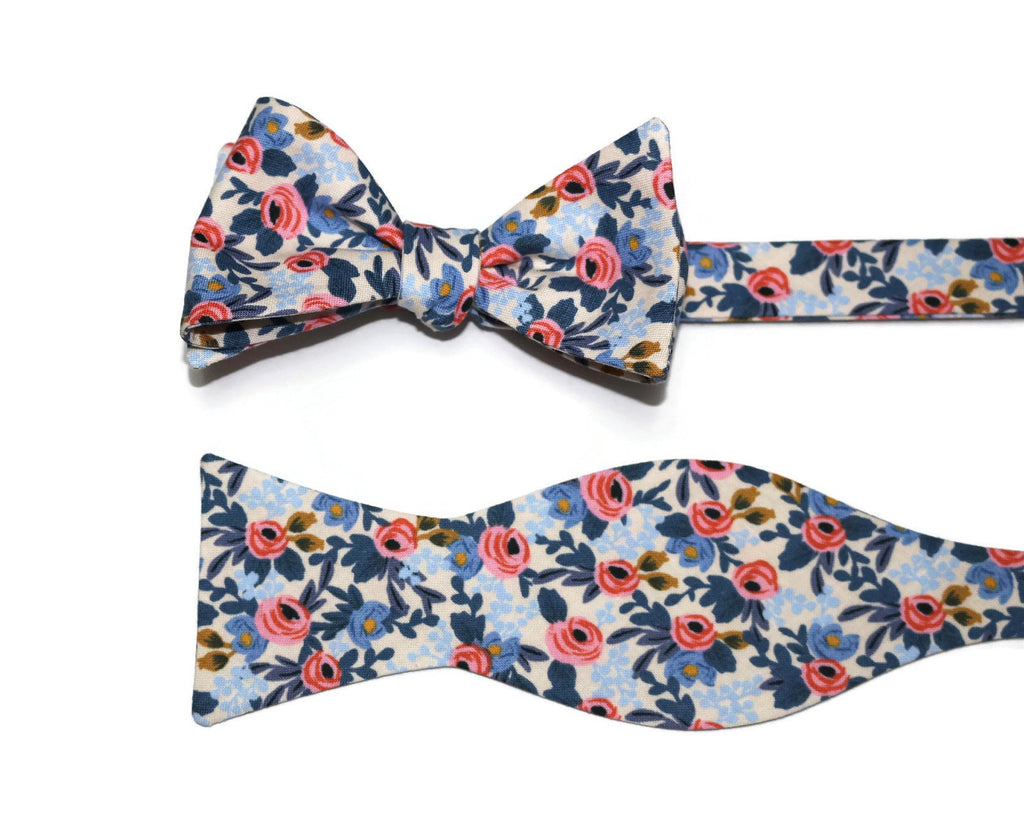 Periwinkle Rosa Floral Bow Tie, handcrafted neckties, men’s bow ties, floral neckties, unique bow tie patterns.