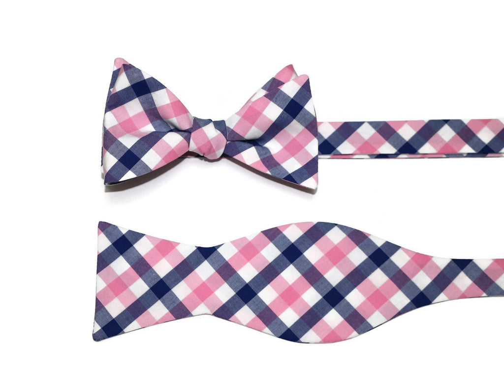 Pink & Blue Tattersall Bow Tie, handcrafted men’s bow ties with unique plaid pattern.
