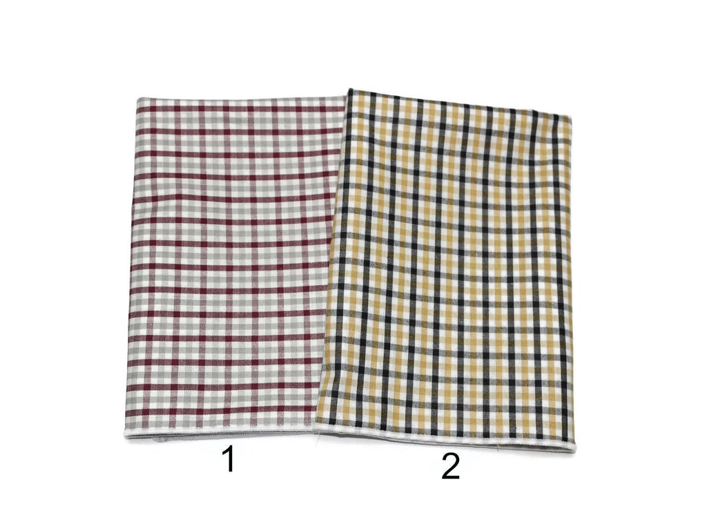Tattersall Check Pocket Square (Mens) in maroon and yellow patterns, a perfect accessory for men's formal wear.