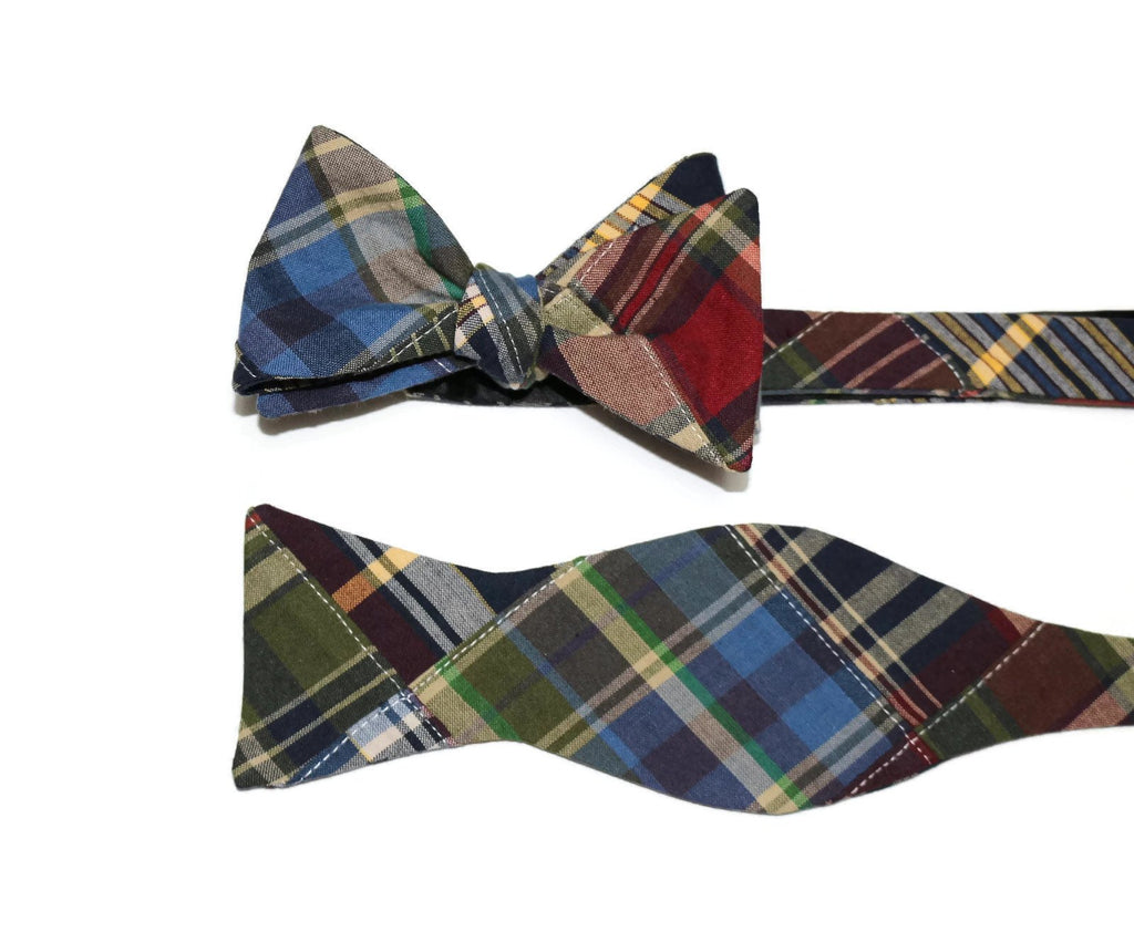 Madras Patchwork Plaid Bow Tie showcasing unique plaid patterns, handcrafted neckties for men and boys, perfect wedding accessories.