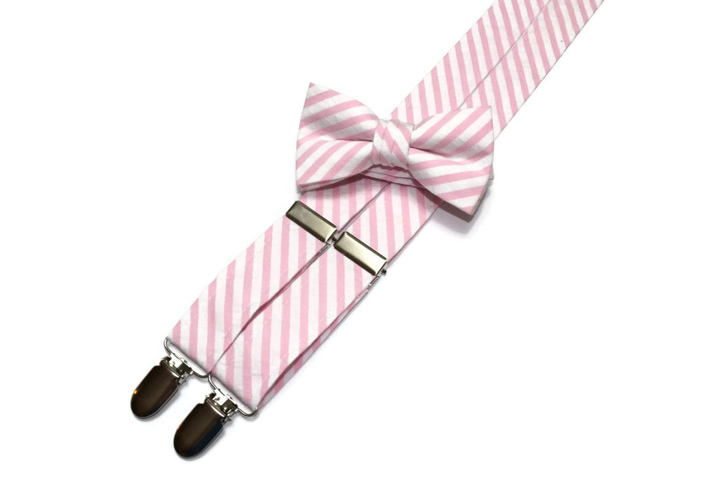 Pink Seersucker Suspenders - Boys with matching bow tie, perfect for formal wear accessories for kids.