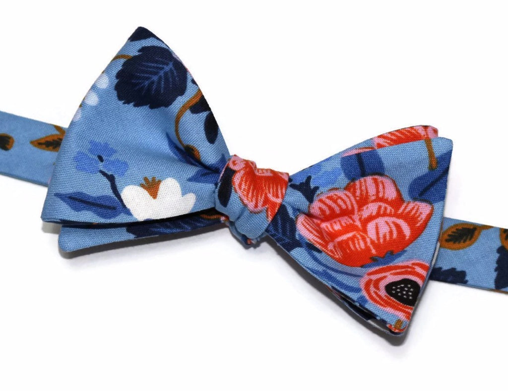 Periwinkle Birch Floral Bow Tie featuring bright floral patterns, perfect for men's formal wear accessories and weddings.