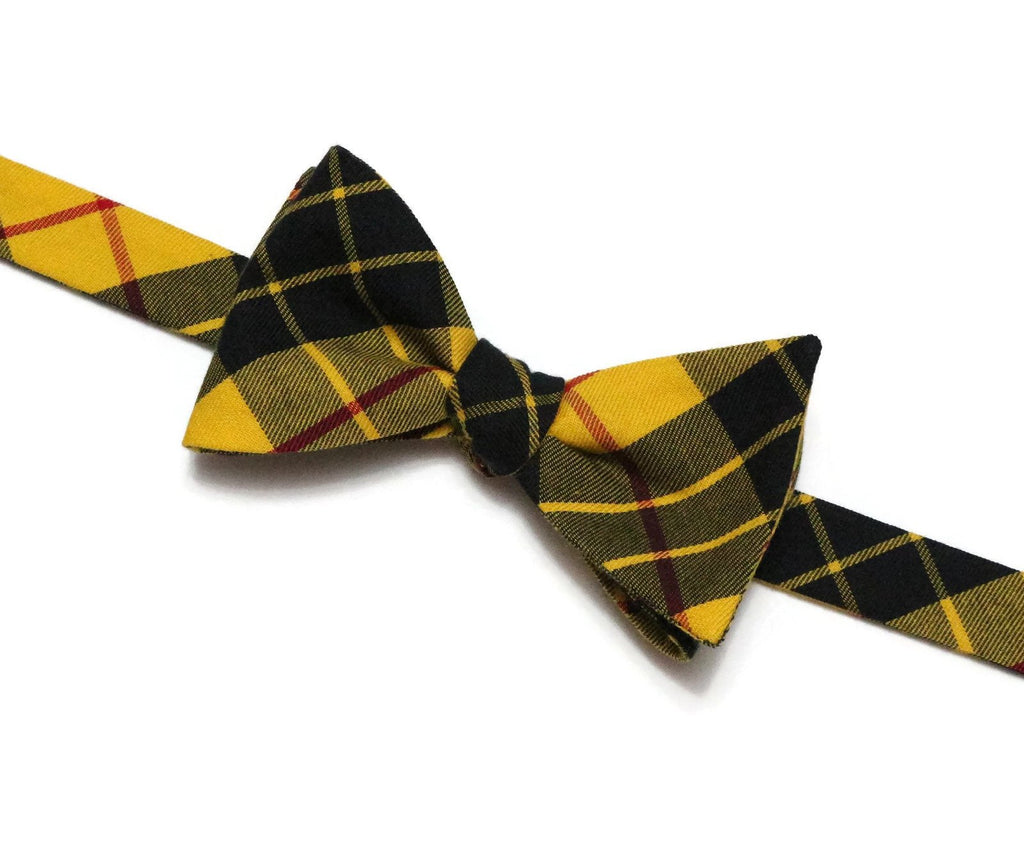Yellow & Black Tartan Plaid Bow Tie; handcrafted neckties, men’s bow ties, unique bow tie patterns.