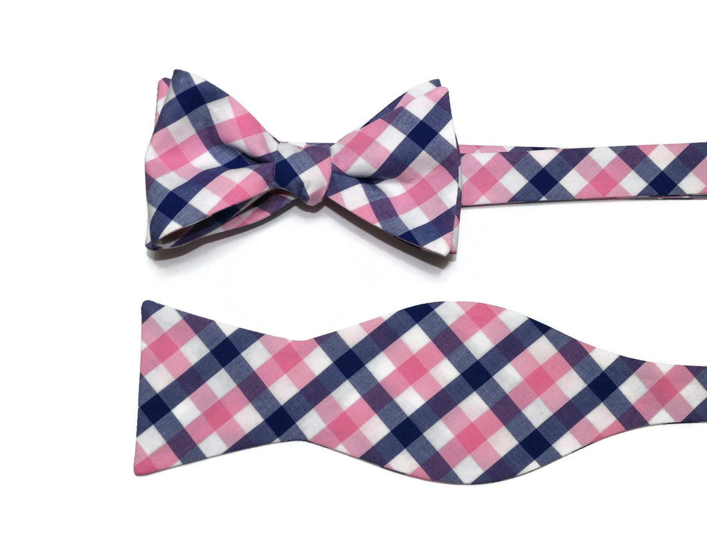 Pink & Blue Tattersall Cummerbund & Bow Tie showcasing handcrafted neckties and men’s bow ties.