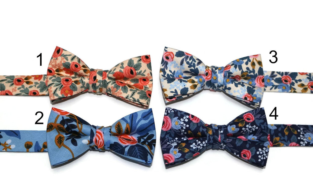 Floral Bow Tie - Boys, a selection of vibrant handmade bow ties featuring floral patterns, perfect for boys' formal wear.