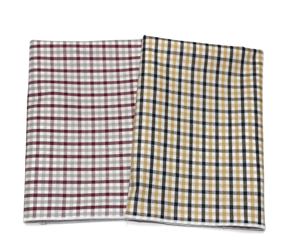 Tattersall Check Pocket Square (Mens) in maroon and gold plaid patterns, perfect for men’s formal wear accessories.