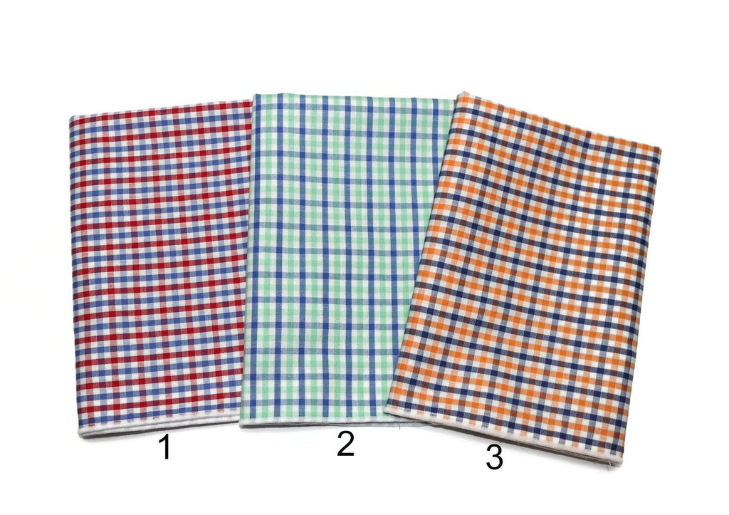 Tattersall Check Pocket Square (Mens) in red, green, and orange plaid patterns, ideal for custom men’s neckwear.
