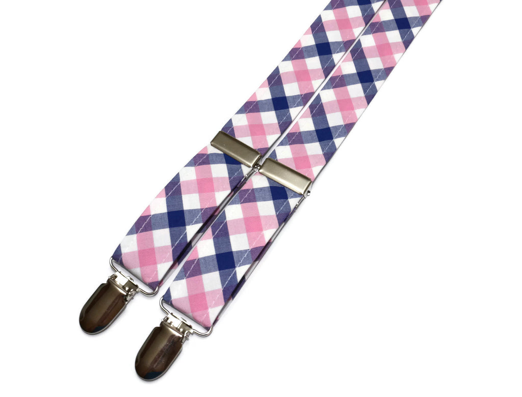 Pink & Blue Tattersall Check Suspenders - Boys handcrafted neckties, boys formal accessories, linen ties, unique bow tie patterns.