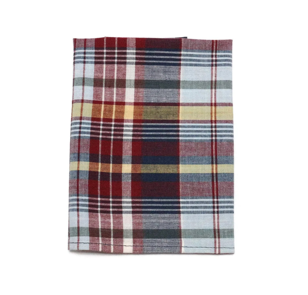 Navy & Red Madras Plaid Pocket Square (Mens) - handcrafted cotton pocket square for men, perfect for wedding accessories.