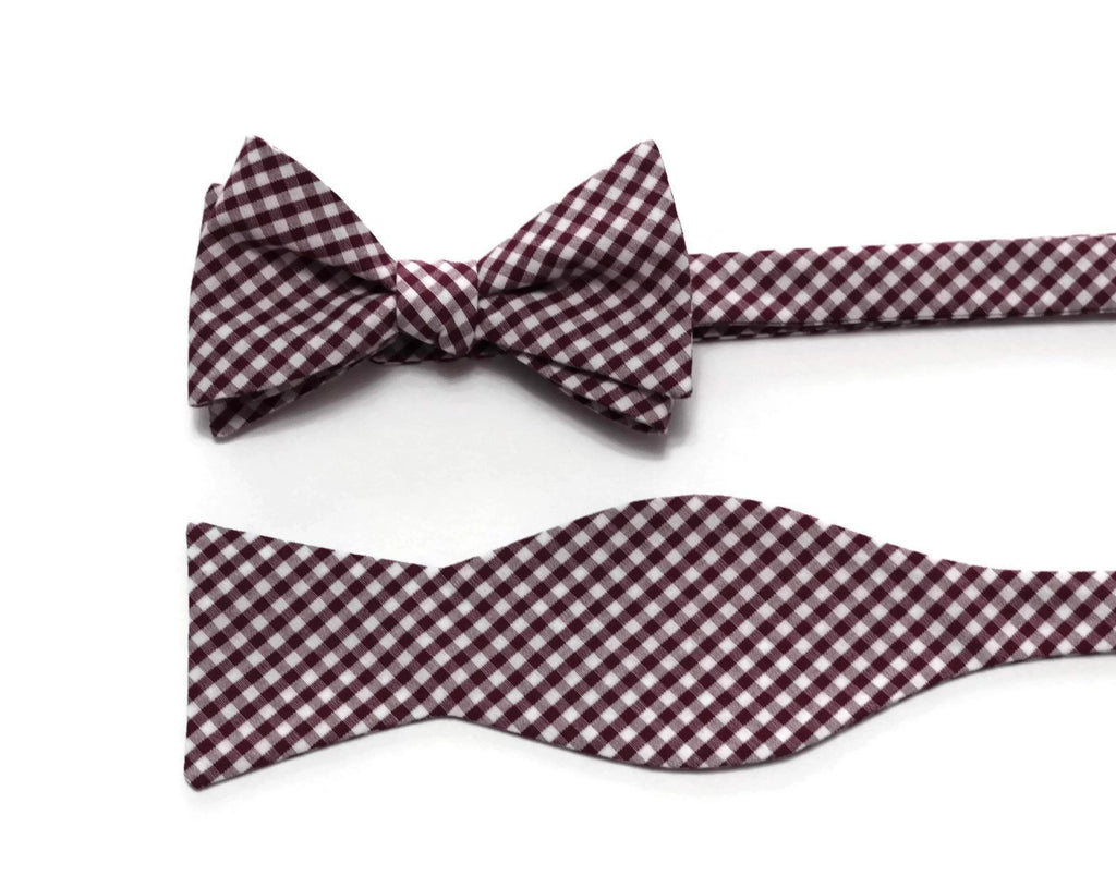 Burgundy Gingham Check Bow Tie, handcrafted neckties for men, perfect formal wear accessories in plaid design.