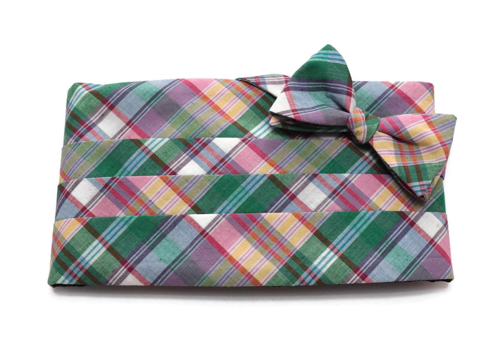 Green & Purple Madras Plaid Cummerbund & Bow Tie
