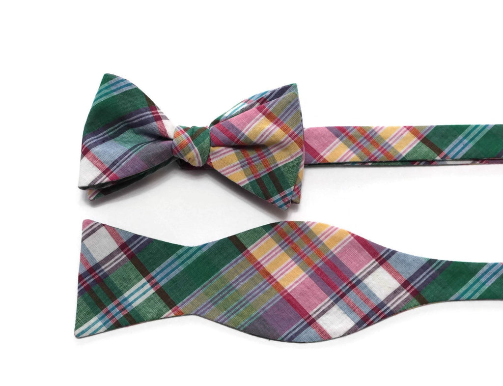 Green & Purple Madras Plaid Bow Tie, handcrafted neckties, handmade bow ties, unique bow tie patterns.