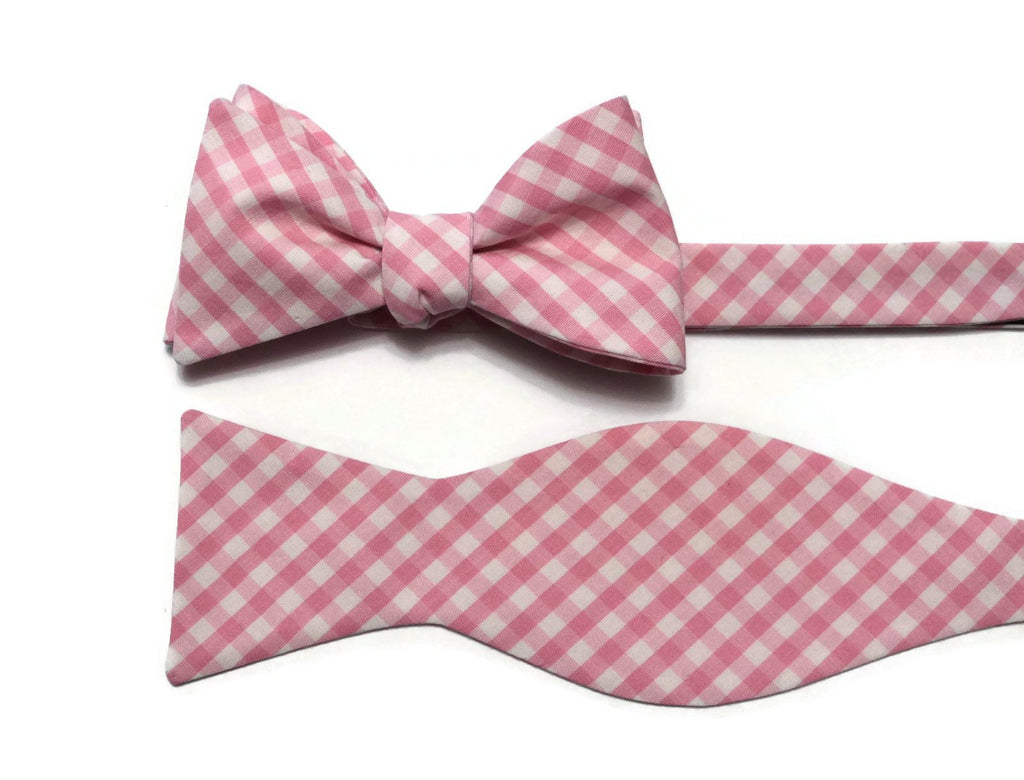 Pink Gingham Check Cummerbund & Bow Tie set showcasing handmade design for wedding accessories for men.