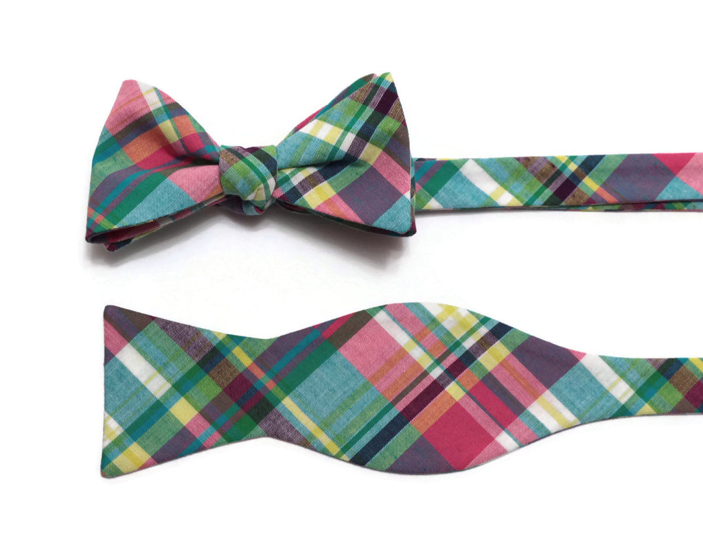 Easter Madras Plaid Cummerbund & Bow Tie set featuring vibrant plaid patterns, handmade for stylish formal wear.
