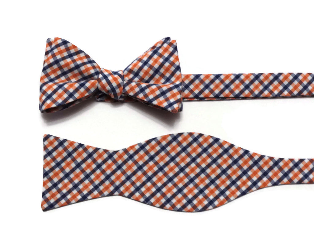 Navy Blue & Orange Tattersall Check Bow Tie, handcrafted neckties and unique bow tie patterns for men.