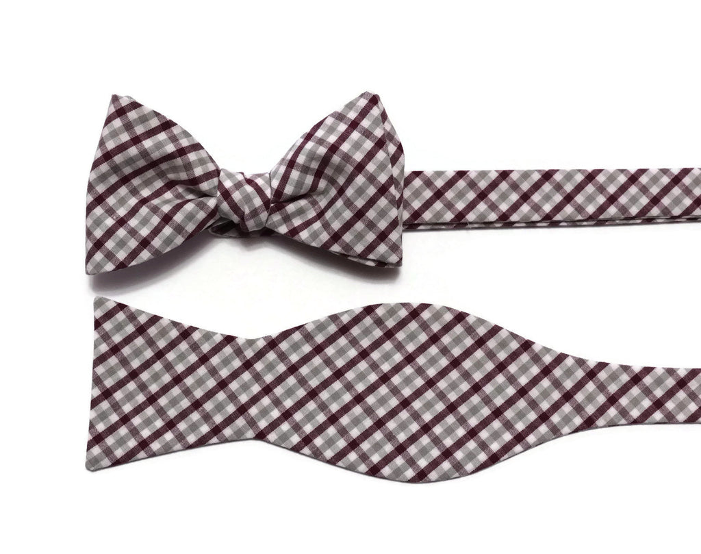 Burgundy & Gray Tattersall Check Bow Tie, handcrafted neckties, men’s bow ties, unique bow tie patterns