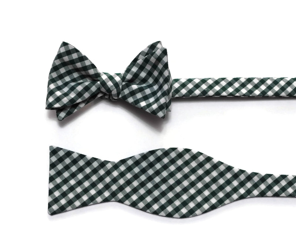 Hunter Green Gingham Check Bow Tie showcasing a handcrafted design, perfect for boys and men's formal wear accessories.