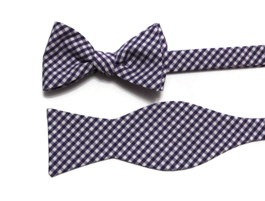 Grape Gingham Check Bow Tie, handcrafted neckties, men’s bow ties, unique bow tie patterns, handmade men’s accessories USA.