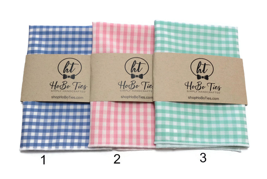 Gingham Check Pocket Square (Mens) in blue, pink, and green colors, perfect for stylish wedding accessories for men.