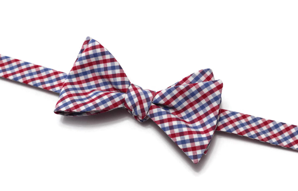 Red & Blue Tattersall Check Bow Tie - handcrafted neckties for men and boys, perfect for weddings and formal occasions.