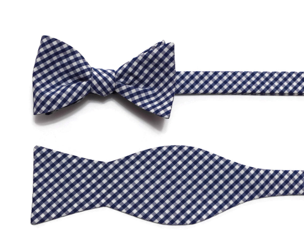 Nautical Blue Gingham Check Bow Tie for men, handcrafted neckties and accessories, perfect for formal wear.