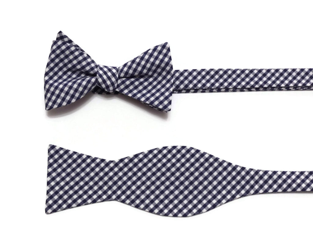 Navy Blue Gingham Check Cummerbund & Bow Tie for men, handcrafted neckties and handmade bow ties for formal events.